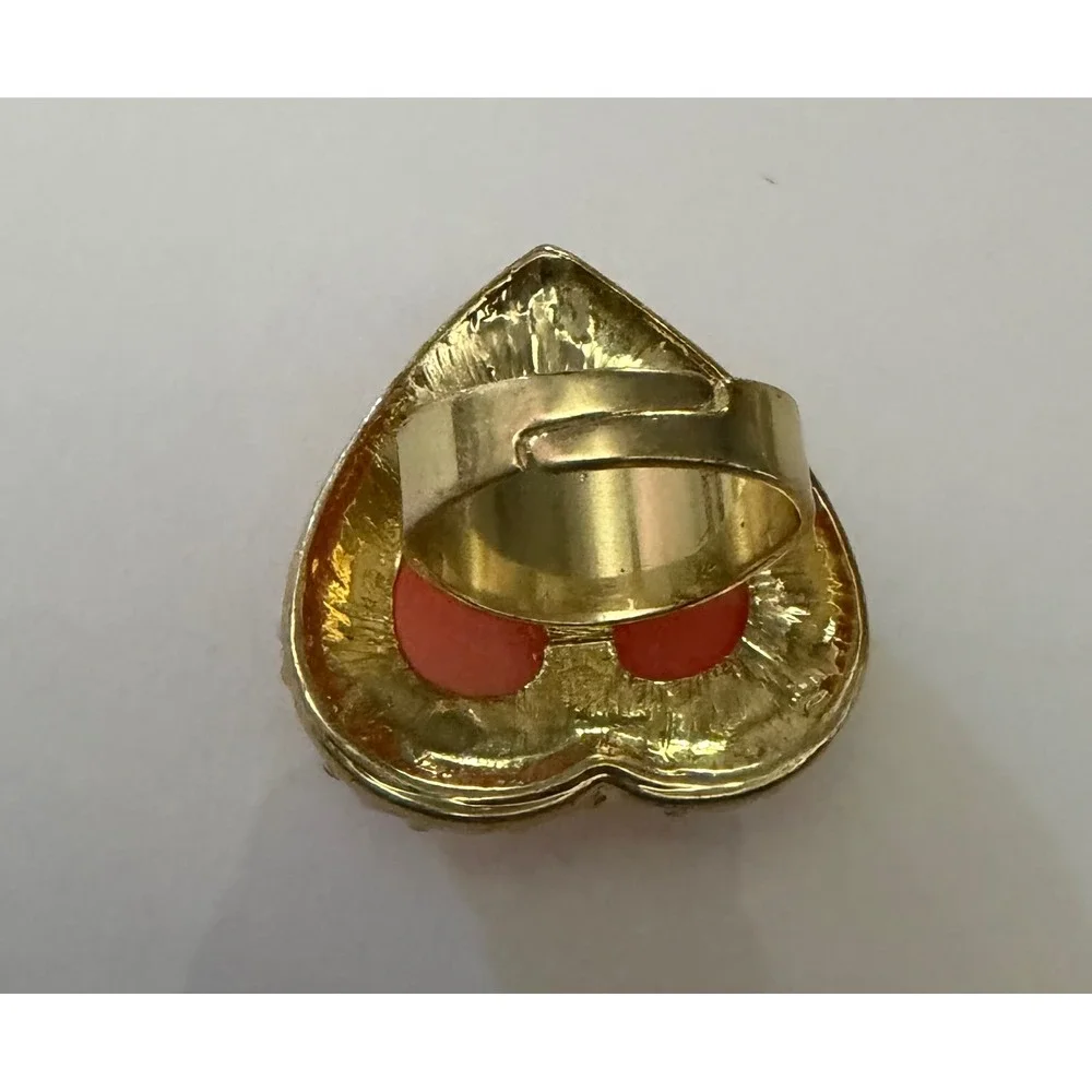 Gold Tone Coral Pink Resin Heart Statement Ring  Adjustable Cocktail Rhinestones
